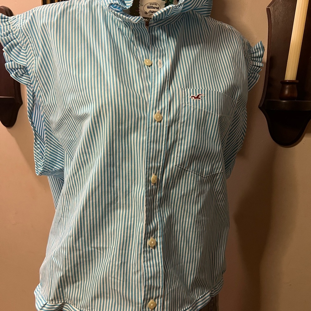 Hollister Aqua and White Striped Blouse